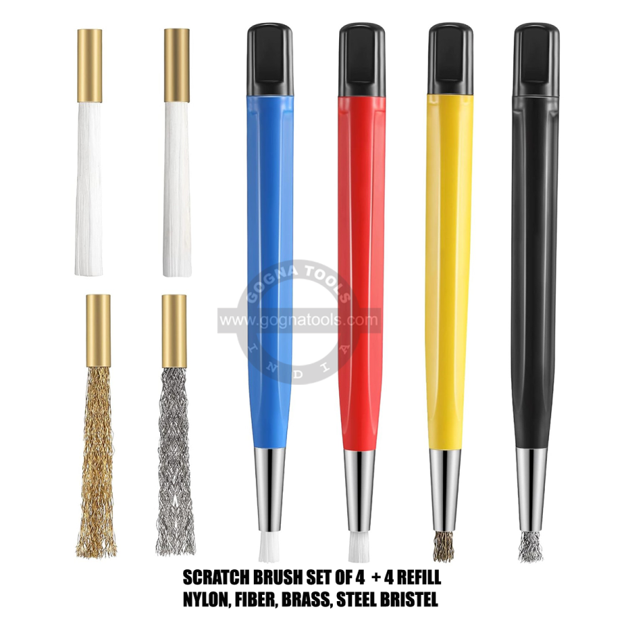 Scratch Brushes 4 Pcs + 4 Refill - Nylon, Brass, Steel, Fiber Glass