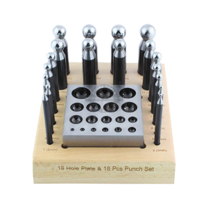 Flat Dapping Block 18 Depressions & 18 Punches on Wooden Stand