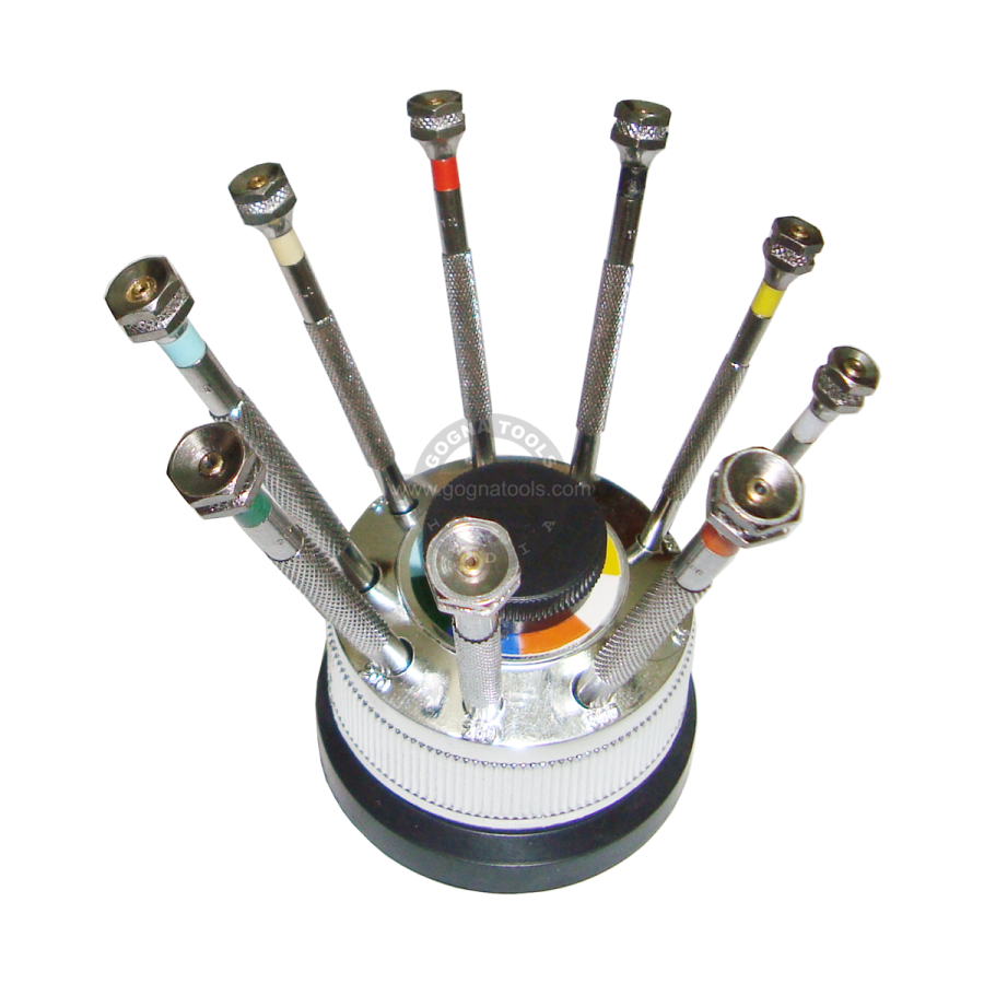 Screw Driver Set of 9 with Spare Blades and Plastic Revolving Stand