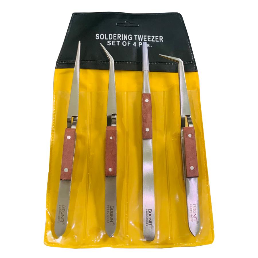 Jewelers Tweezer Set (4 Pieces) - Fiber Grip For Jewelry Repairing/Soldering